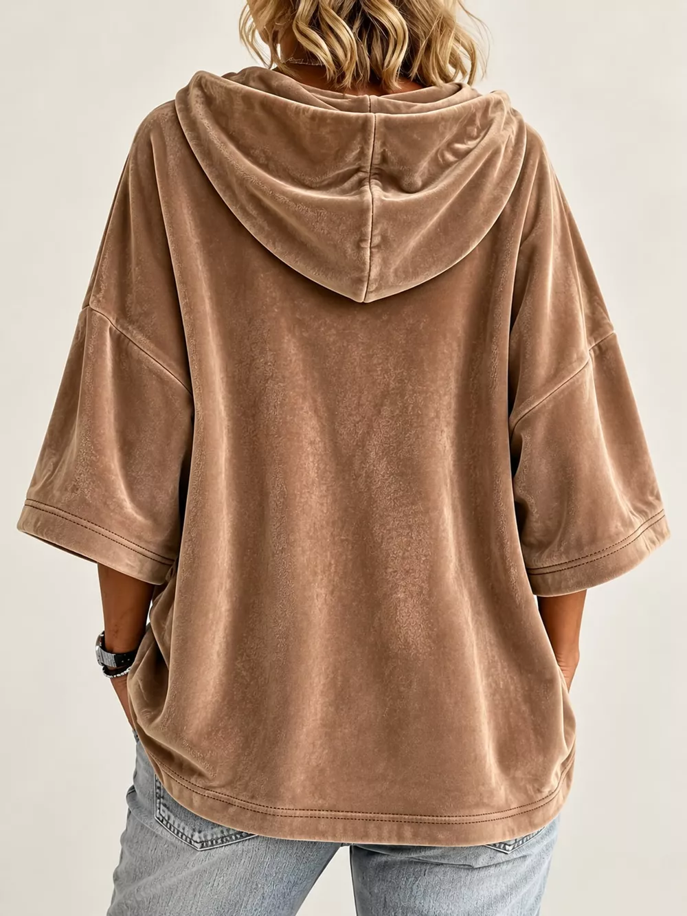 Full Size Velvet Half Sleeve Hoodie with Drawstring Plus Size, image 22