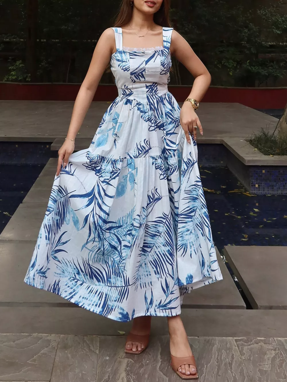 Tropical Print Tiered Maxi Dress, image 2