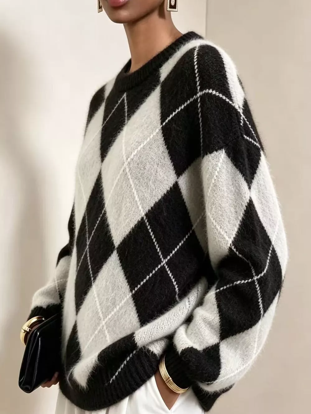 Argyle Pattern Fuzzy Knit Sweater, image 17