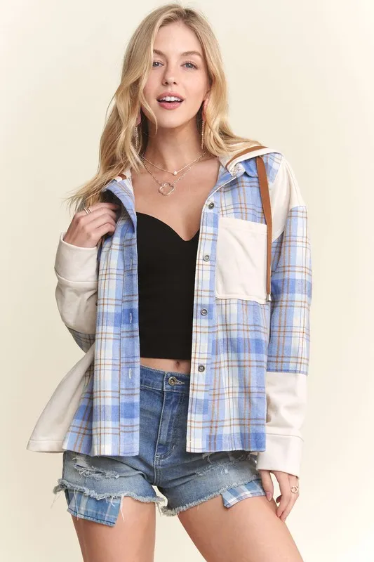 Button Down Plaid Hoodie Shacket, image 6