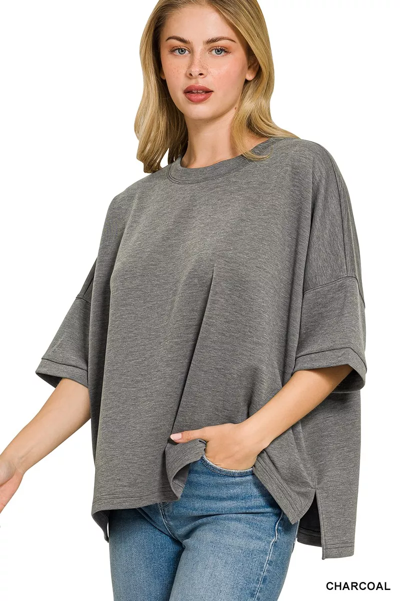 Full Size Scuba Round Neck Top With Side Slits Plus Size, image 2