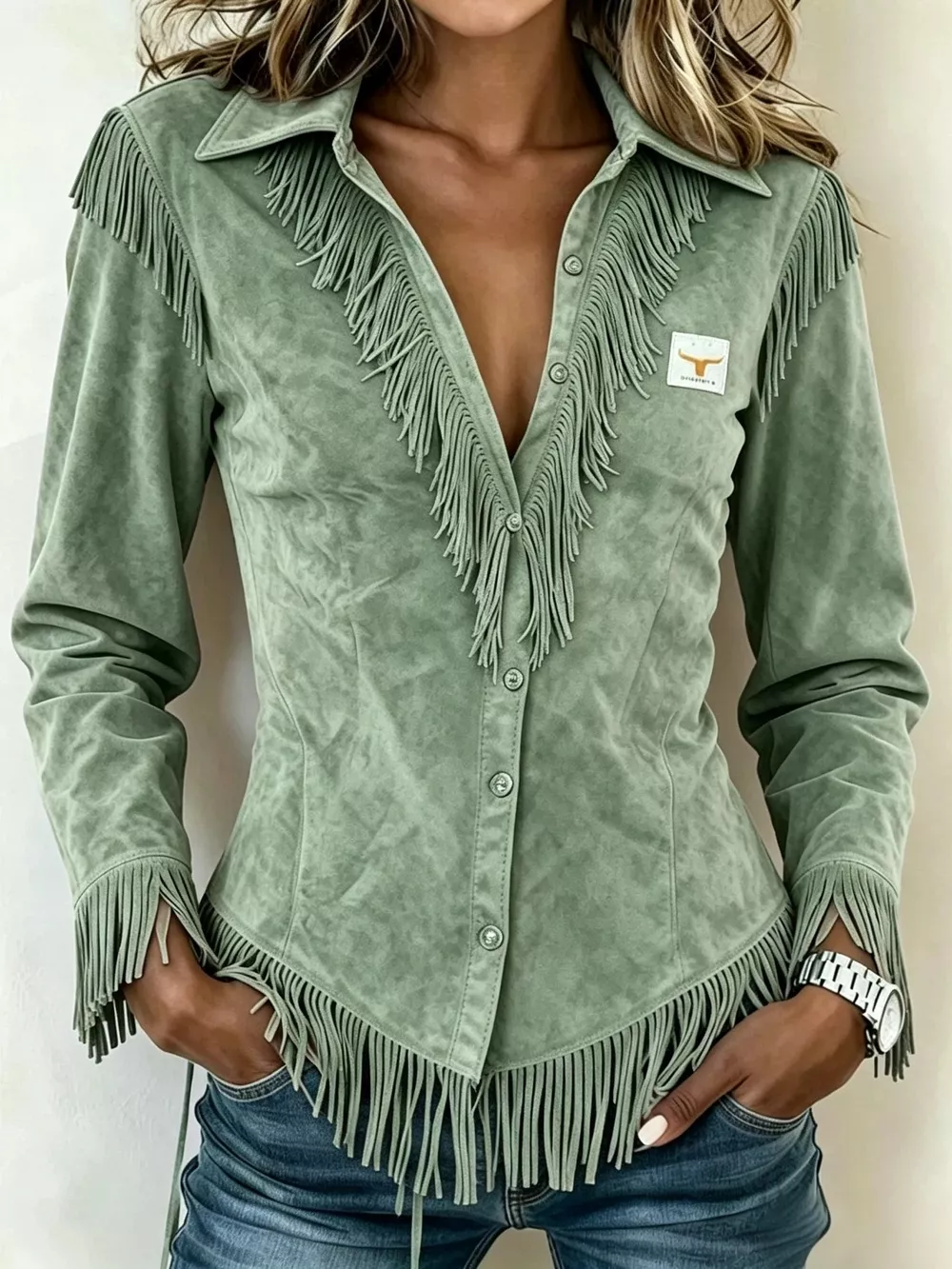 Full Size Fringed Collared Neck Shirt Plus Size, image 5