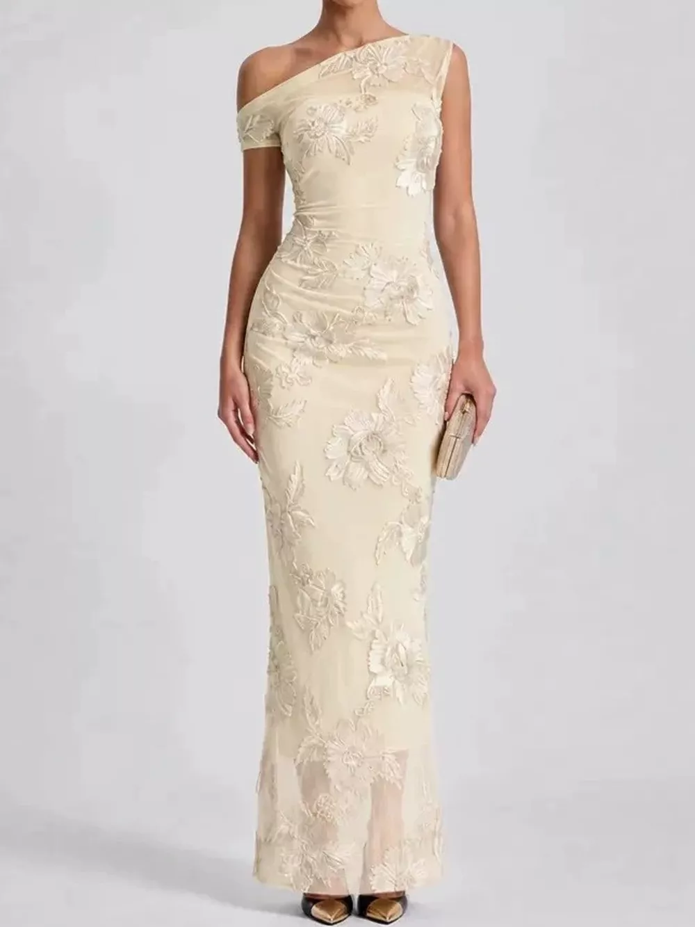 One-Shoulder Floral Embroidered Maxi Dress, image 22