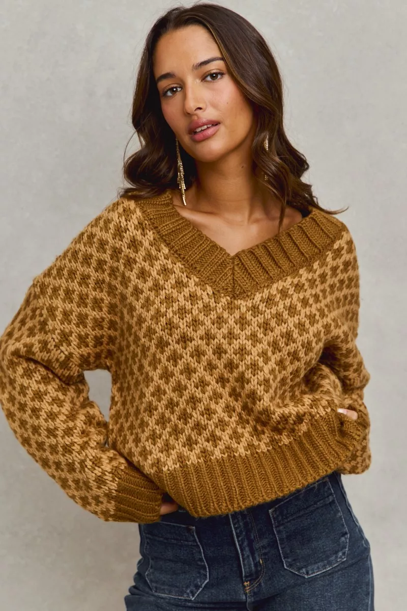 Color Block Textured Christmas Sweater V Neck Top, image 7