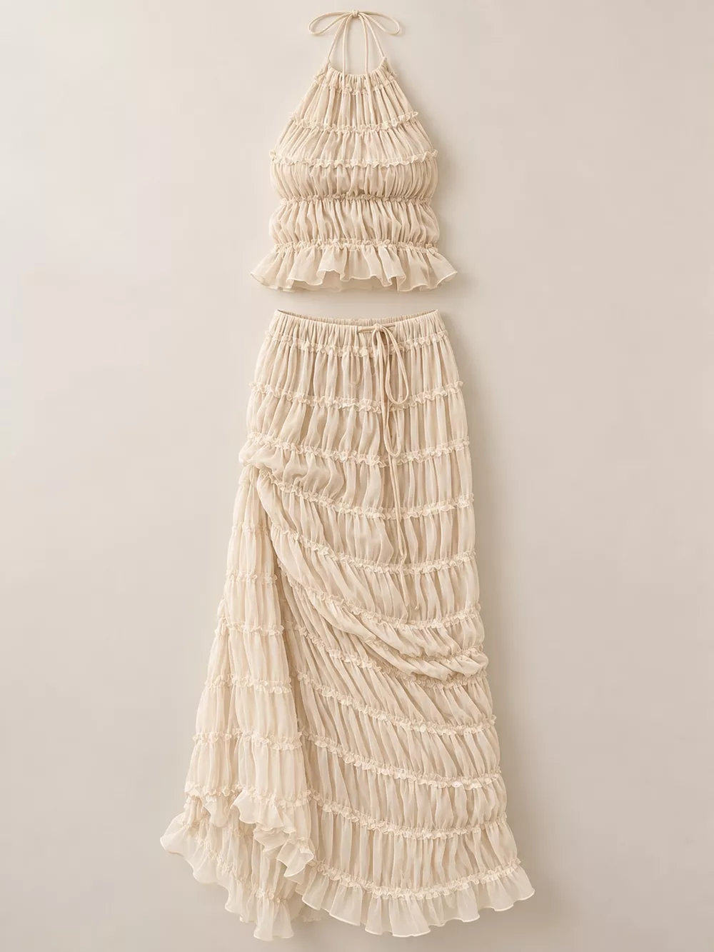 Boho Chic Ruffled Halter Crop Top and Maxi Skirt Set, image 4