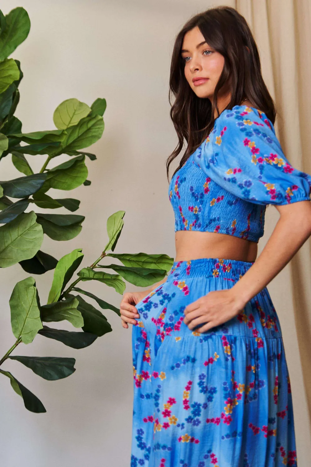 Smocing Bodice Puff Short Sleeve Printed Crop Top, image 7