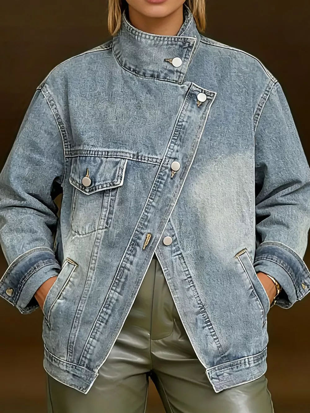 Full Size Asymmetric Button-Up Stand Collar Denim Jacket Plus Size, image 3