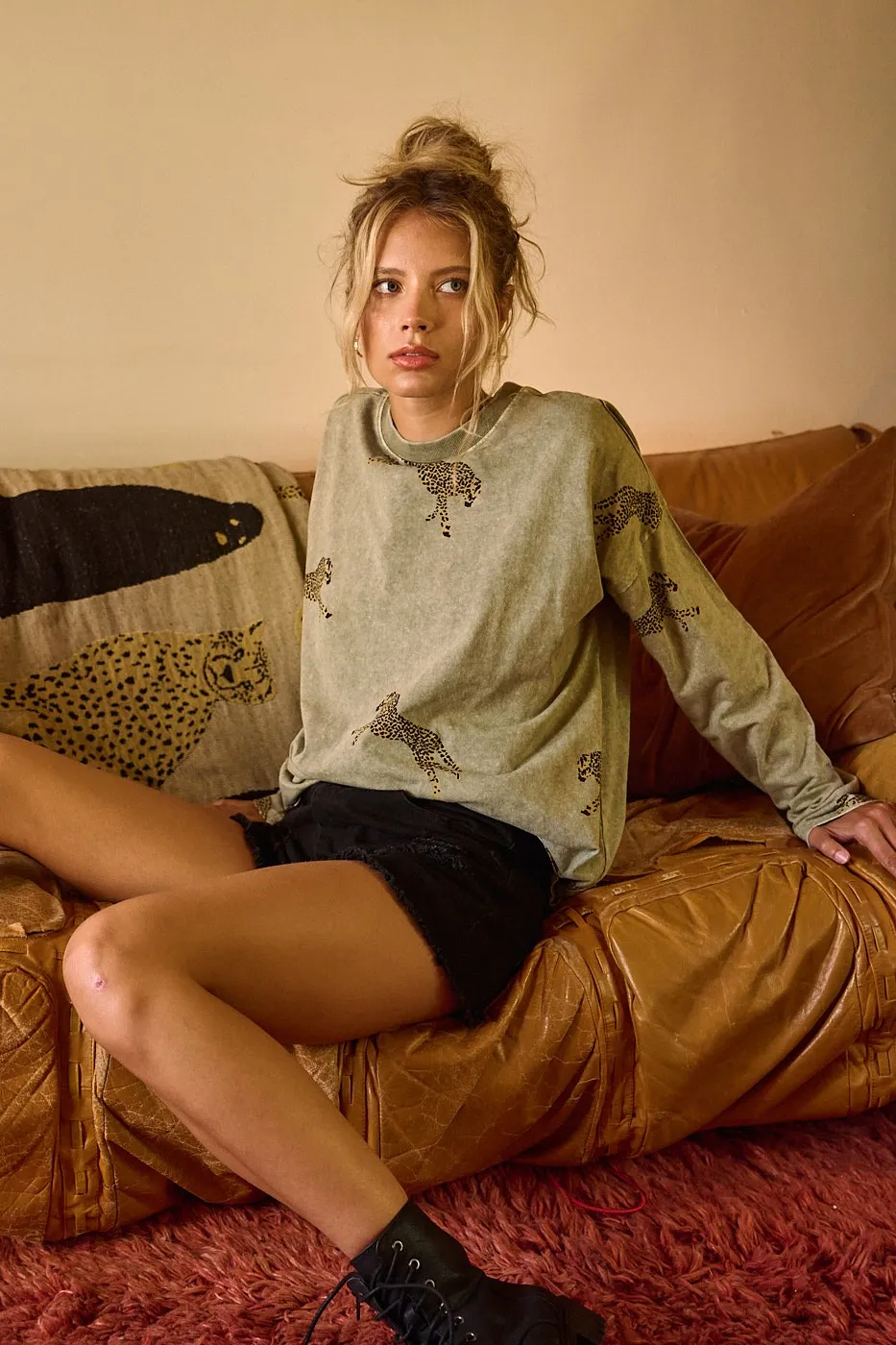 Mineral Wash Cheetah Print Long Sleeve Top, image 2