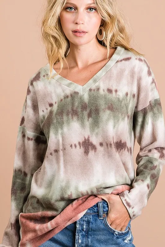 Brushed Tie Dye Looking Print V Neck Top, image 9