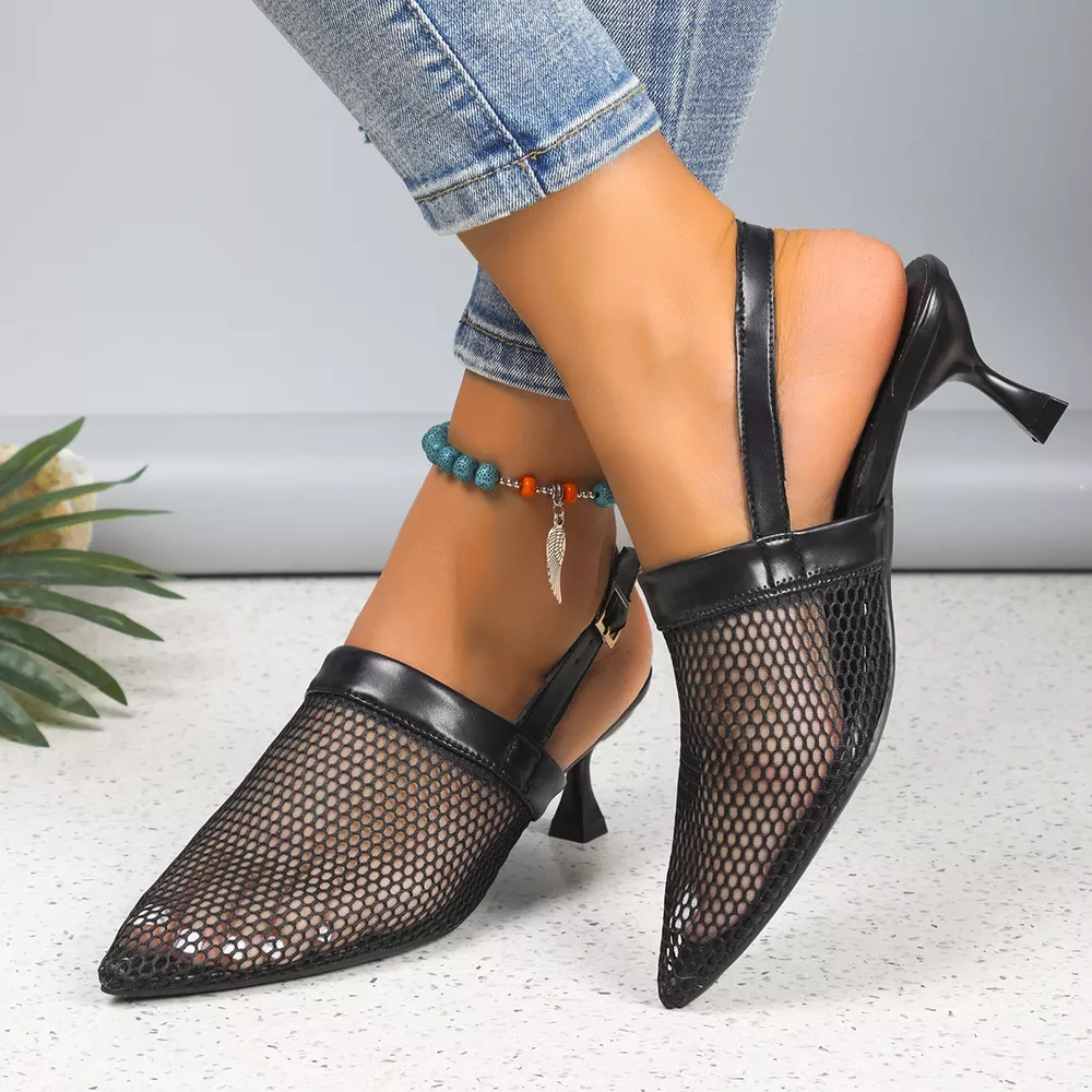 Mesh Pointed Toe Kitten Heel Sandals, image 4