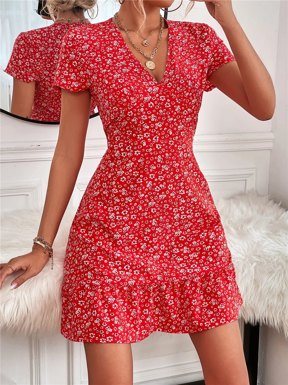 Printed Ruffled Hem V-Neck Short Sleeve Mini Dress, image 23