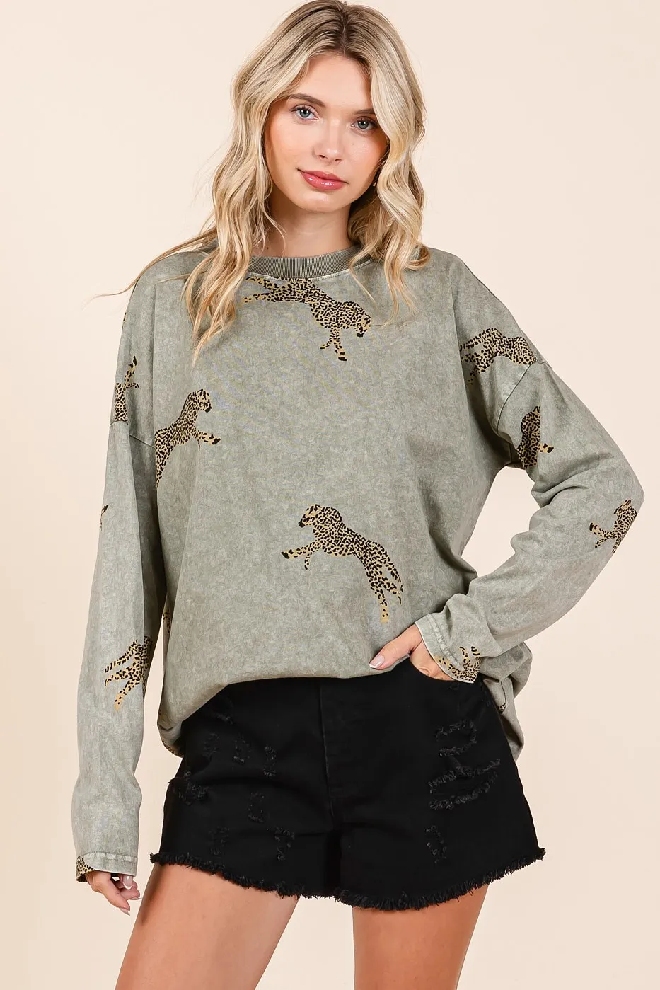 Mineral Wash Cheetah Print Long Sleeve Top, image 5