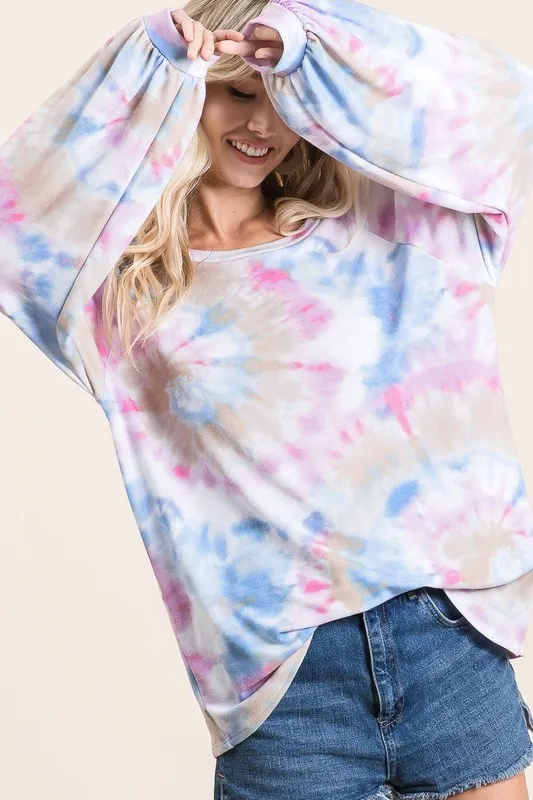 Tie Dye Print Terry Top With Puff Sleeves, image 5