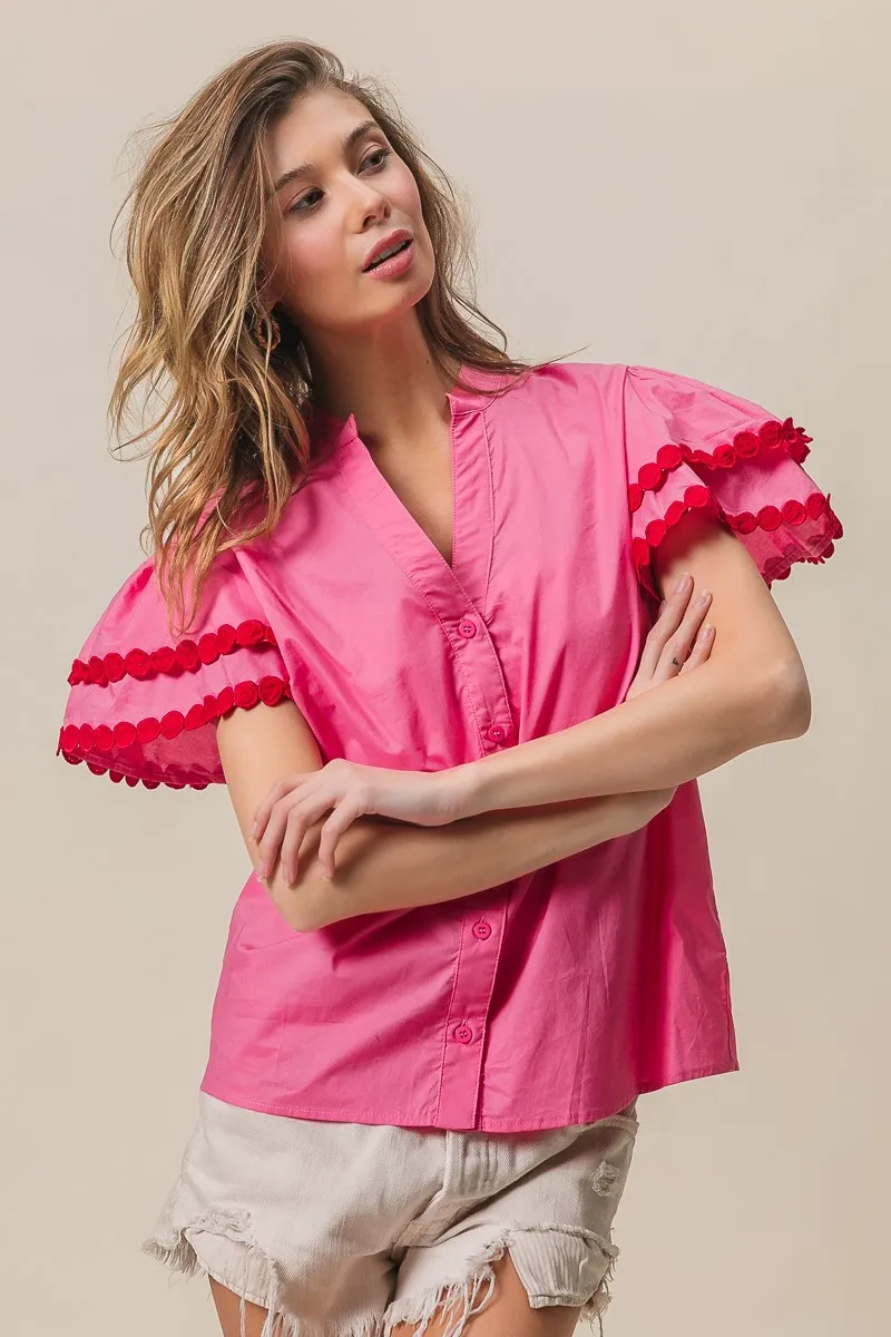 Dot Trim Flutter Sleeve Notched Top, image 17