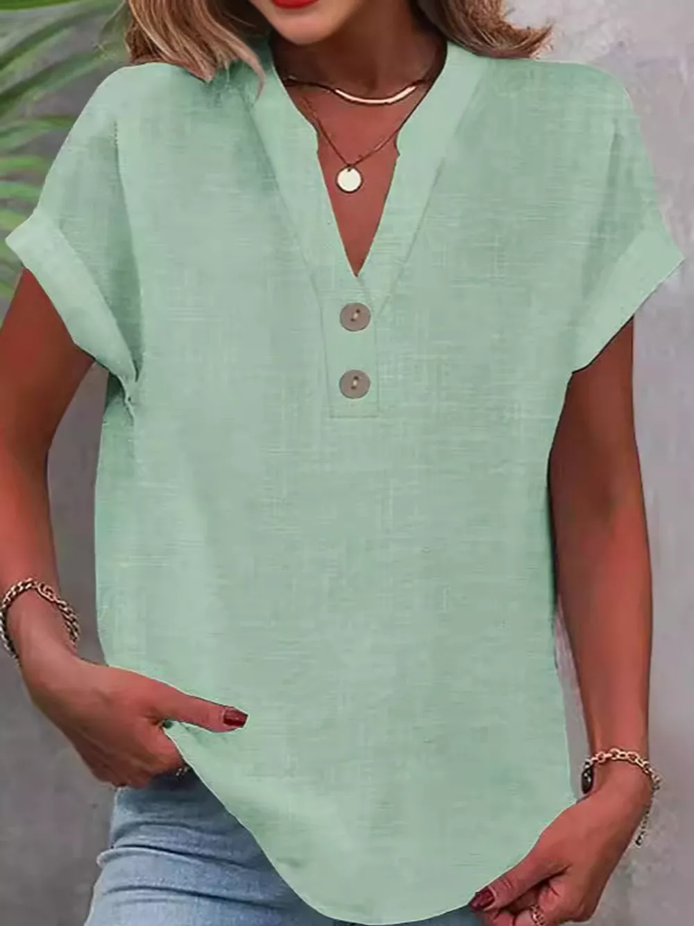 Full Size Button Detail Short Sleeve Blouse Plus Size, image 11