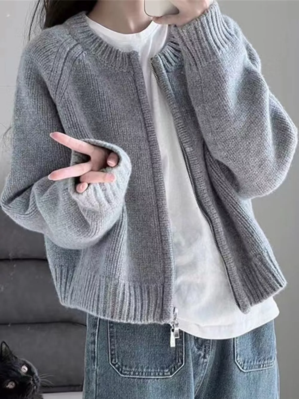 Ribbed Hem Zip-Up Cardigan, image 5