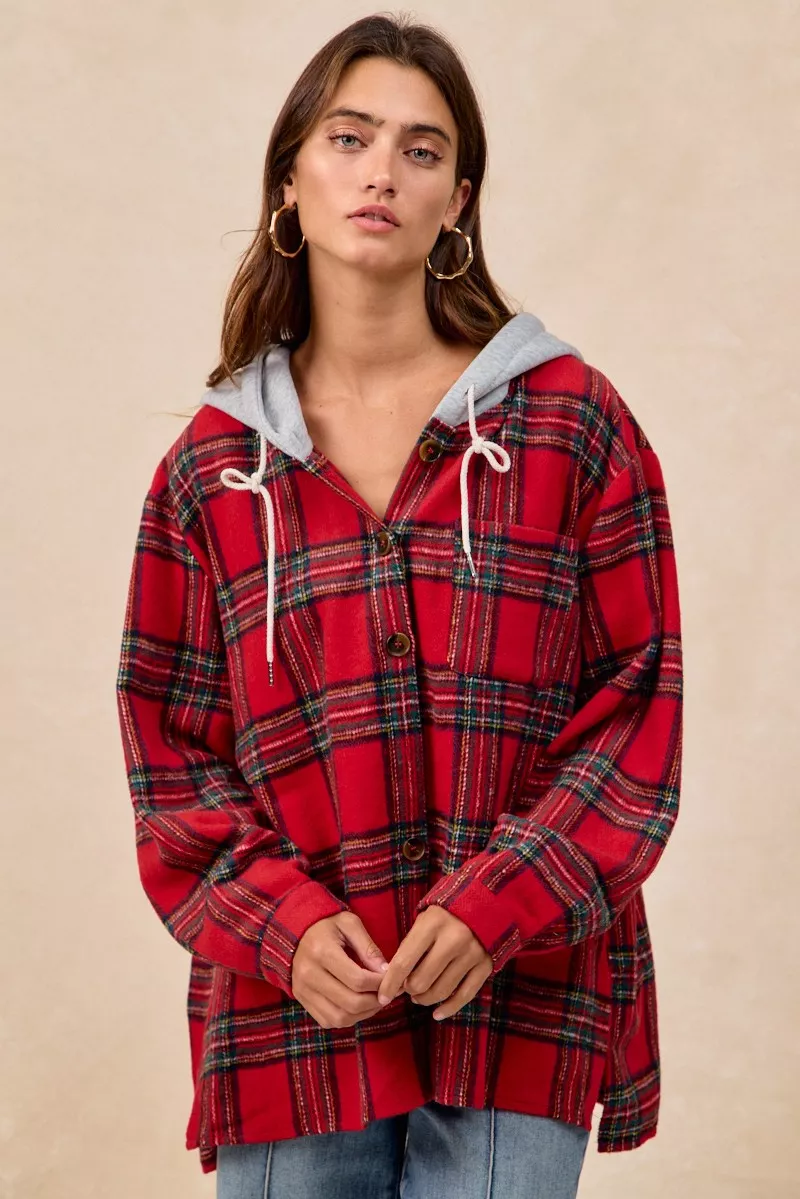 Brushed Plaid Hooded Jacket