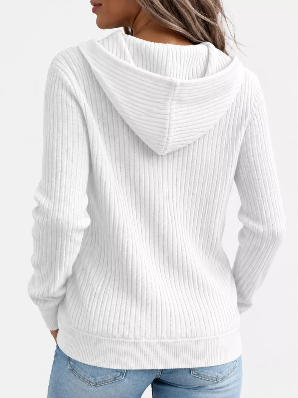 Full Size Ribbed Knit Zip-Up Hooded Cardigan Plus Size, image 3