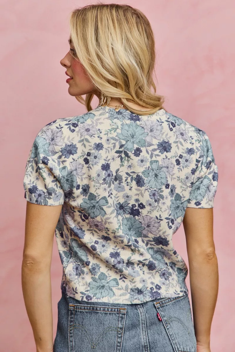 Floral Print Short Sleeves Sweater Knit Top, image 3