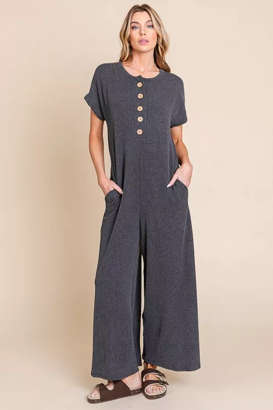 Rib Knit Jumpsuit with Button Detail, image 2