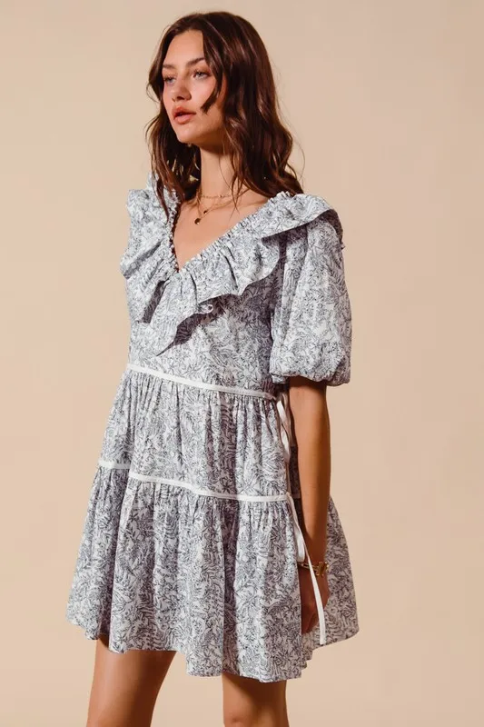 Cotton Printed Ruffle V Neckline Dress with Side Tie, image 6
