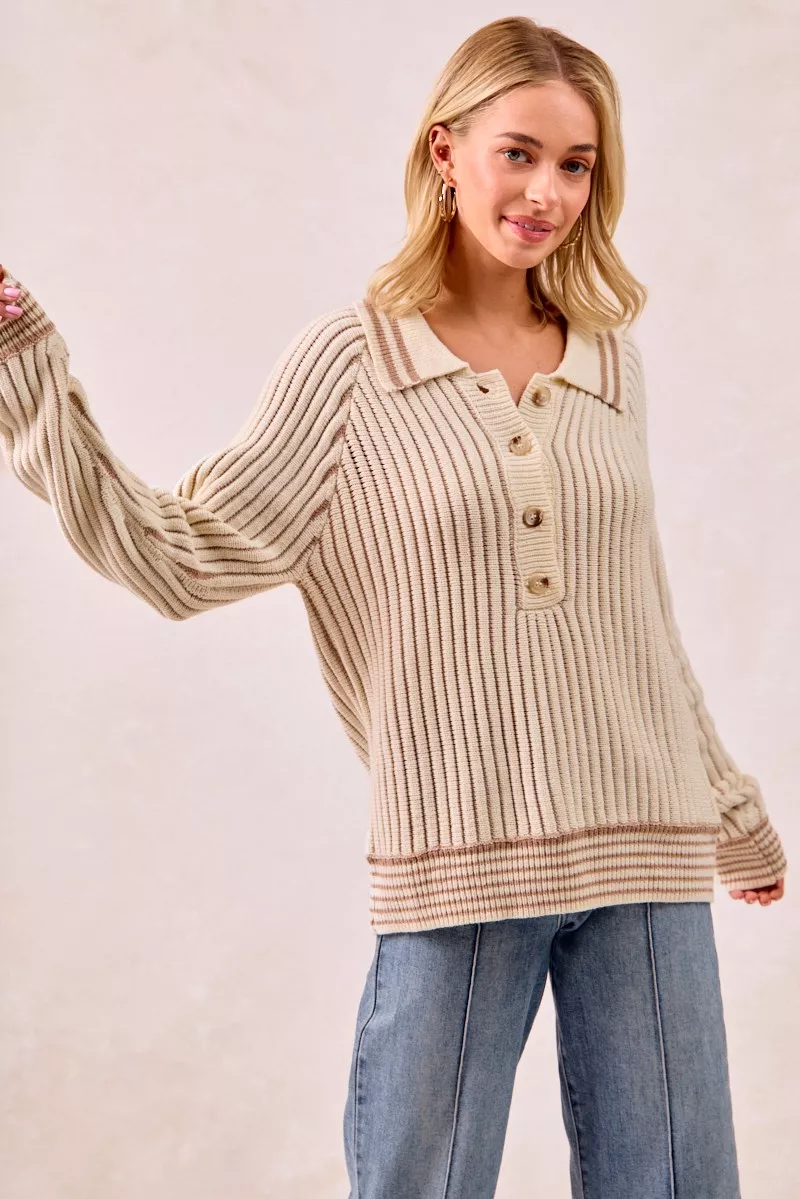 Half Button Ribbed Two Tone Sweater, image 13