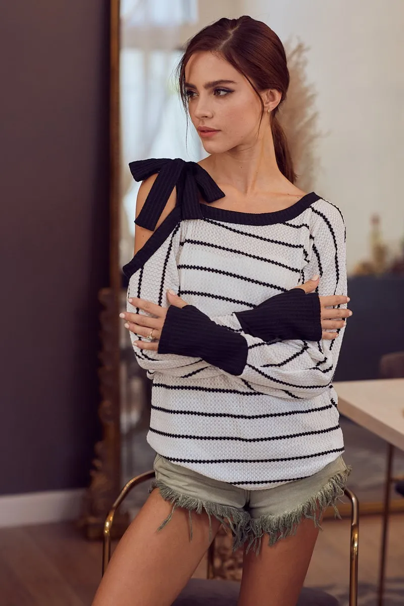 Stripe Yarn Dye Waffle One Shoulder Ribbon Detail Top, image 15