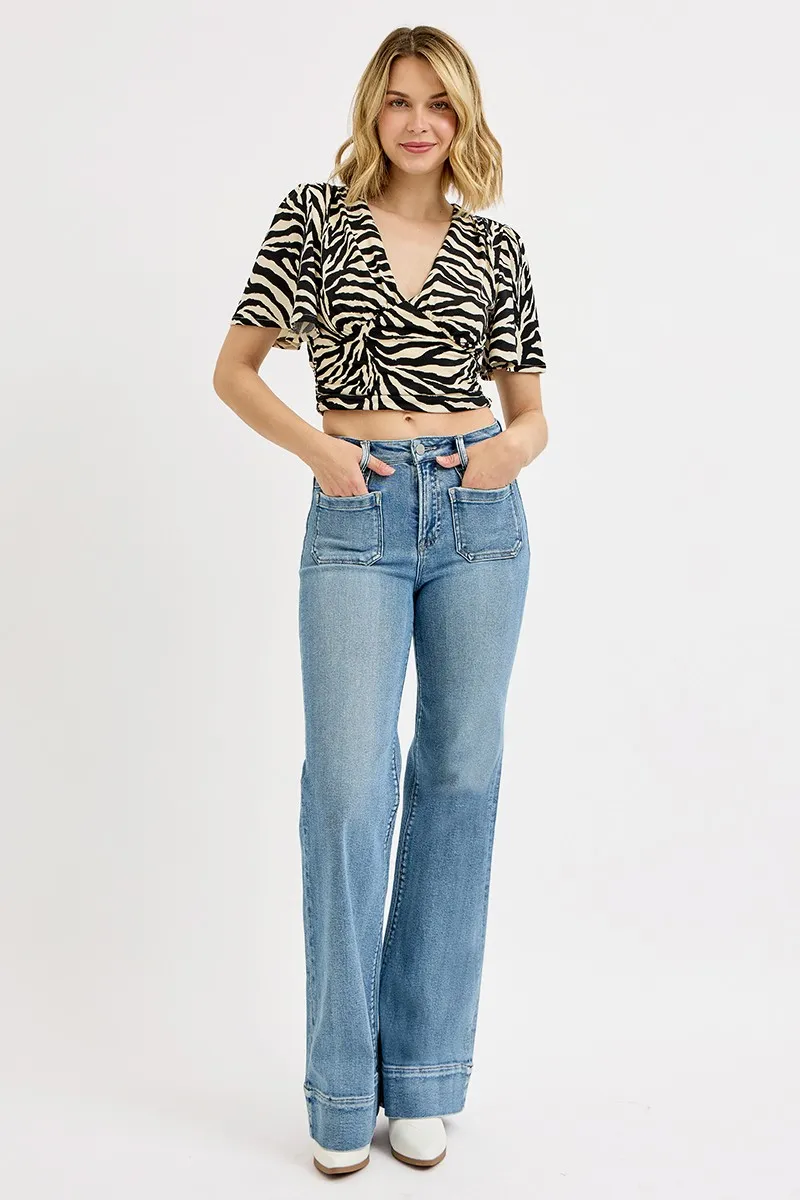 Full Size High Rise Wide Flare Patch Pocket Jeans Plus Size, image 6