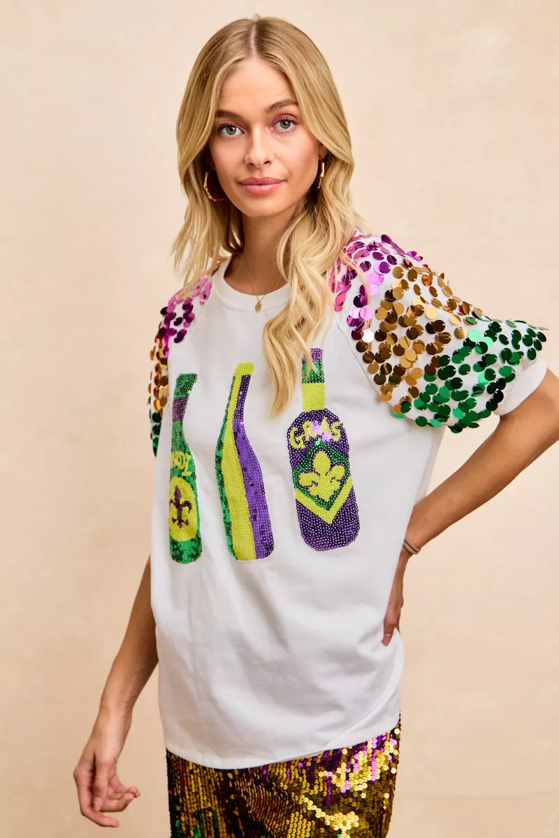 Sequin Mardi Gras Bottles Spangled Sleeve Top, image 22
