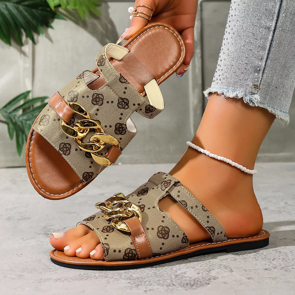 Chain-Decorated Patterned Slide Sandals, image 3