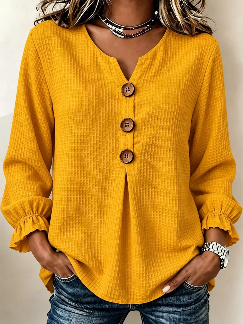 Full Size Waffle Knit Flounce Sleeve Blouse Plus Size, image 16