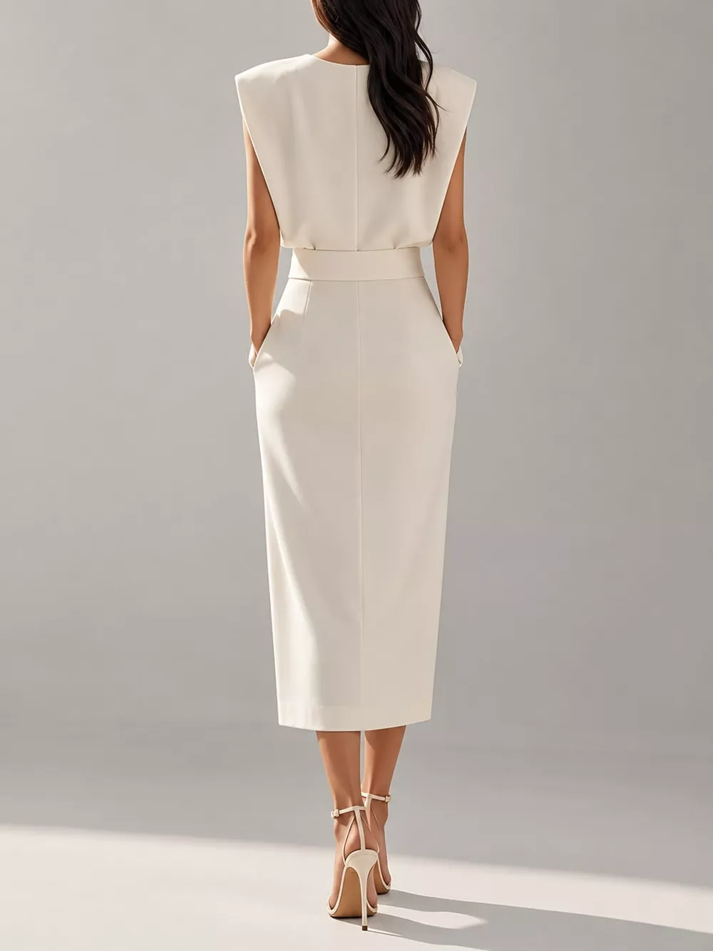 Sleeveless Midi Dress with Gold Button Detail and Side Slit, image 23