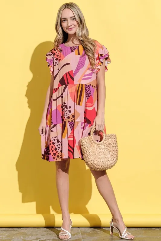 Printed Double Ruffles Sleeve Dress, image 6