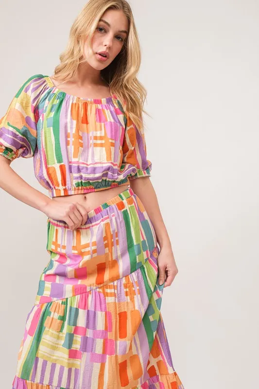 Puff Sleeve Elastic Edges Geo Printed Crop Top, image 7