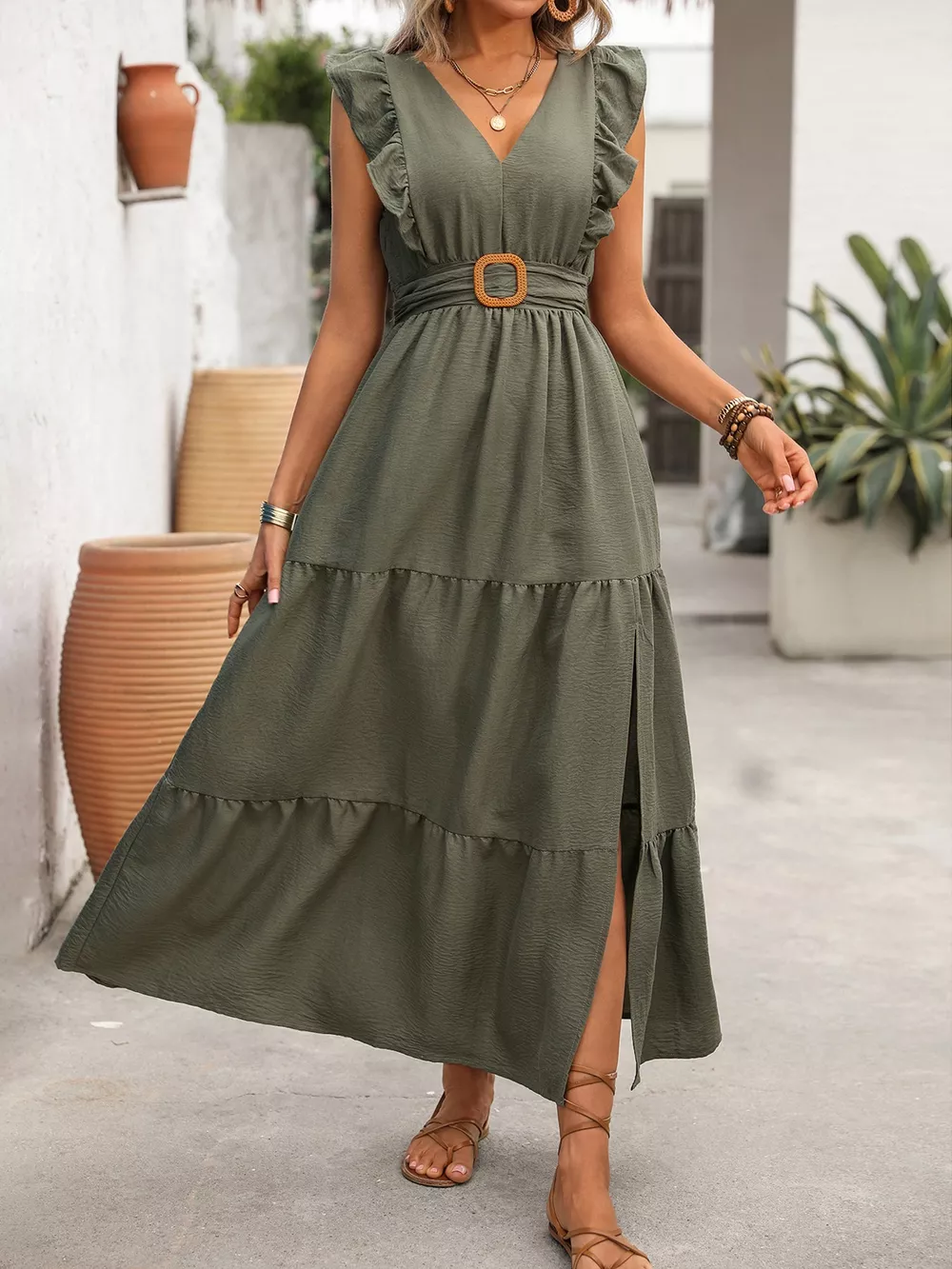 Slit Ruffled V-Neck Tiered Dress, image 8