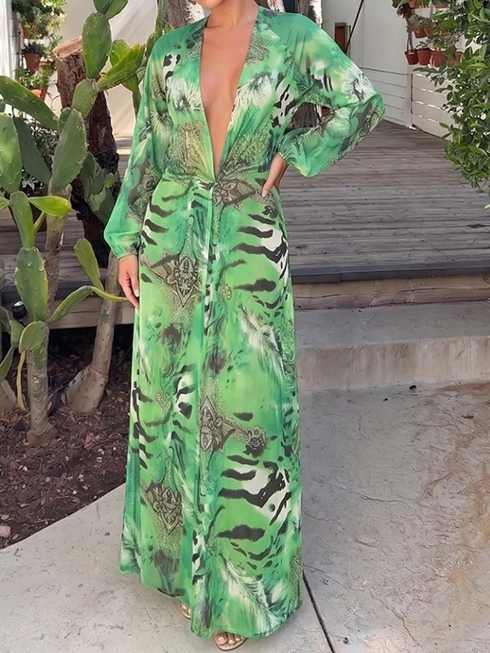 Deep V-Neck Long Sleeve Printed Maxi Dress, image 4