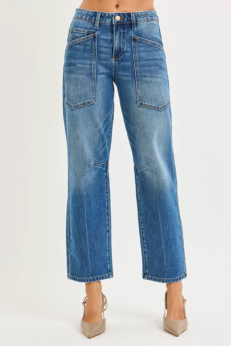 4 Way Stretch Mid Rise Barrel Jeans with Patch Pocket Detail, image 6