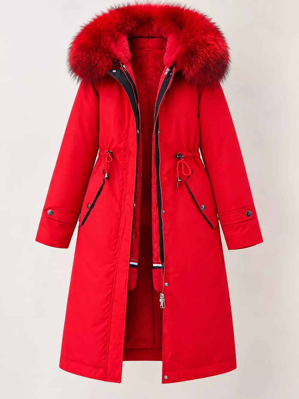 Plus Size Detachable Longline Hooded Parka with Faux Fur Trim and Drawstring Waist, image 36