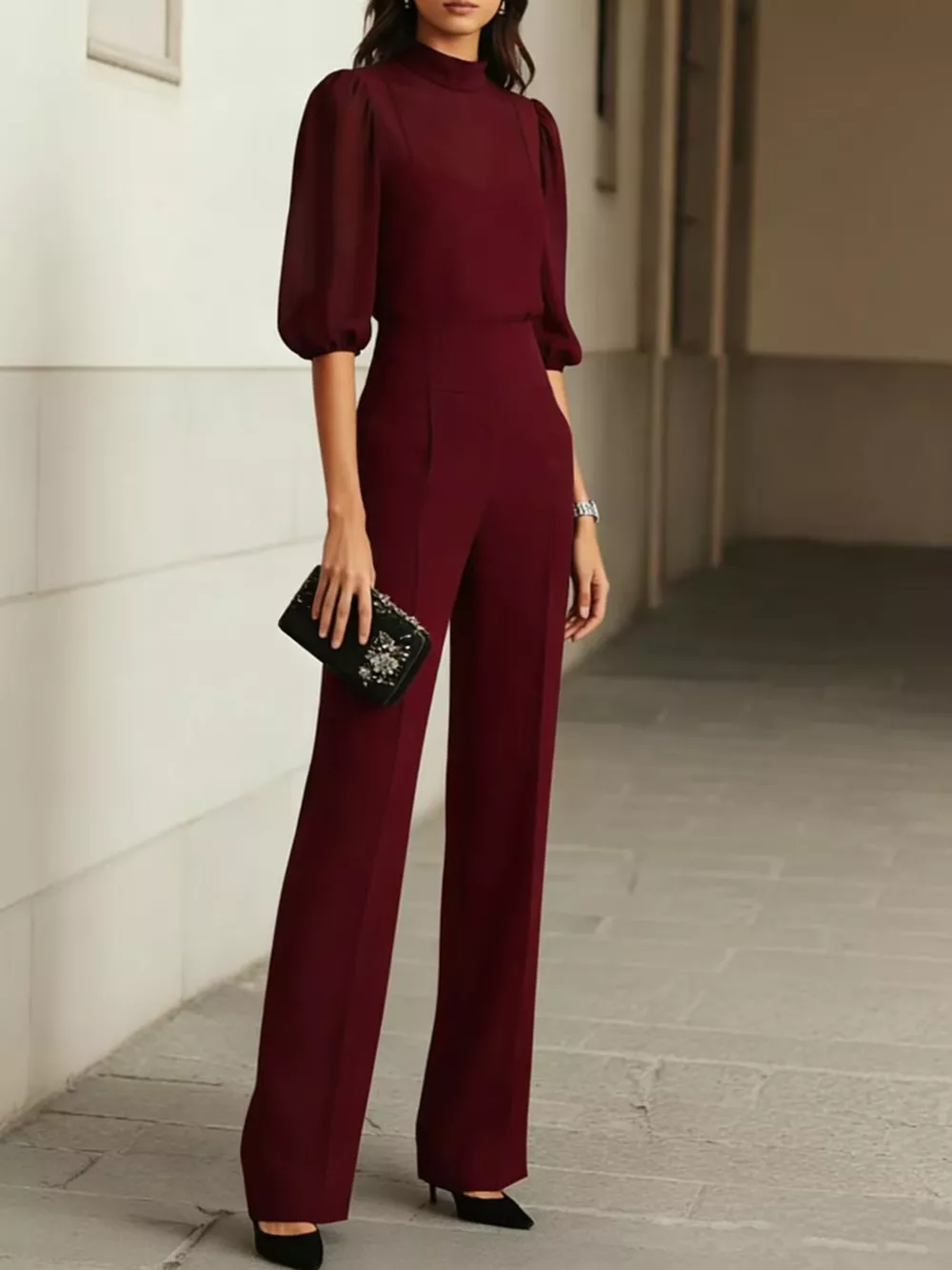 Mock Neck Puff Sleeve Top and Wide Leg Pants Set, image 4
