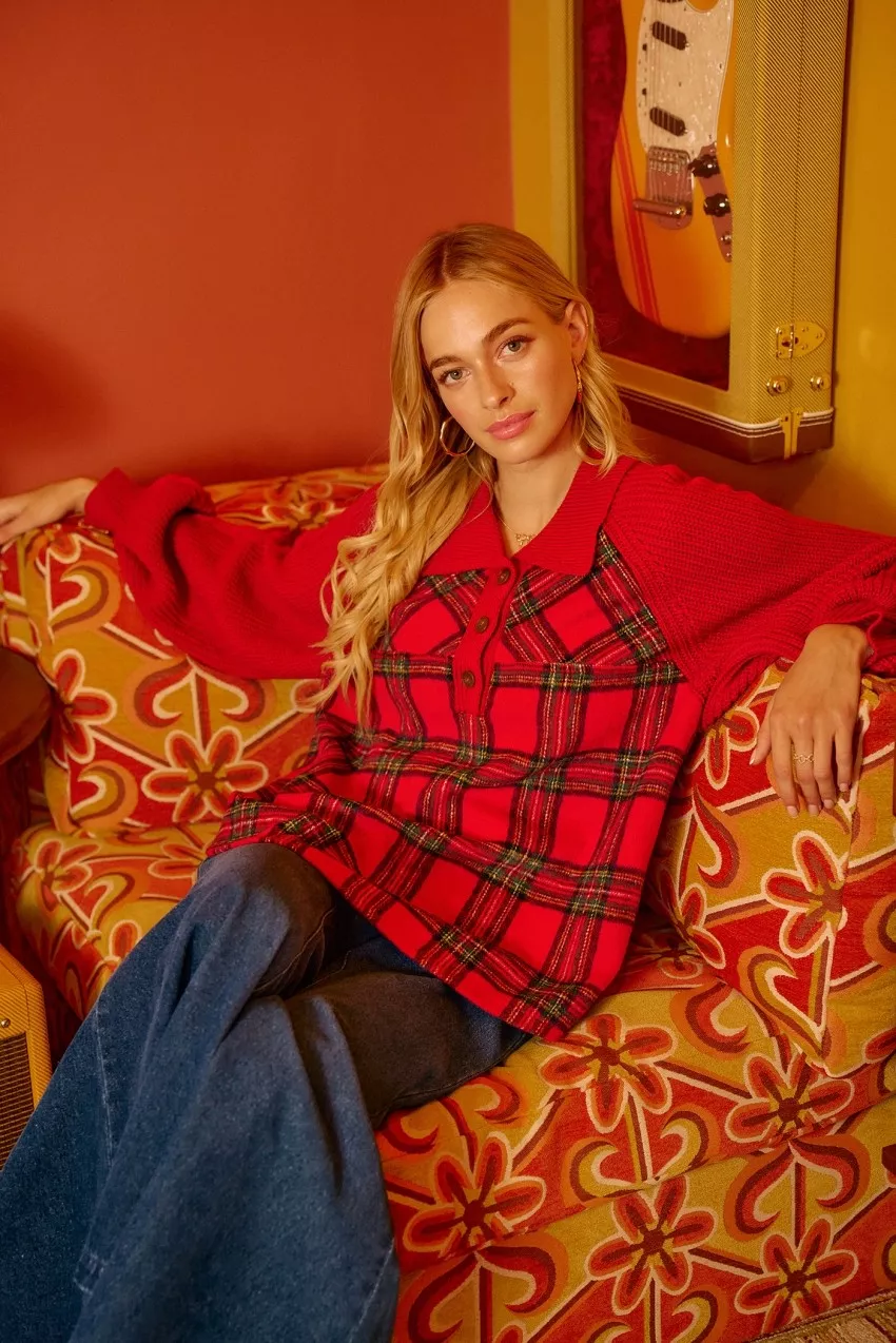 Plaid Buttoned Collared Top with Sweater Sleeve, image 7