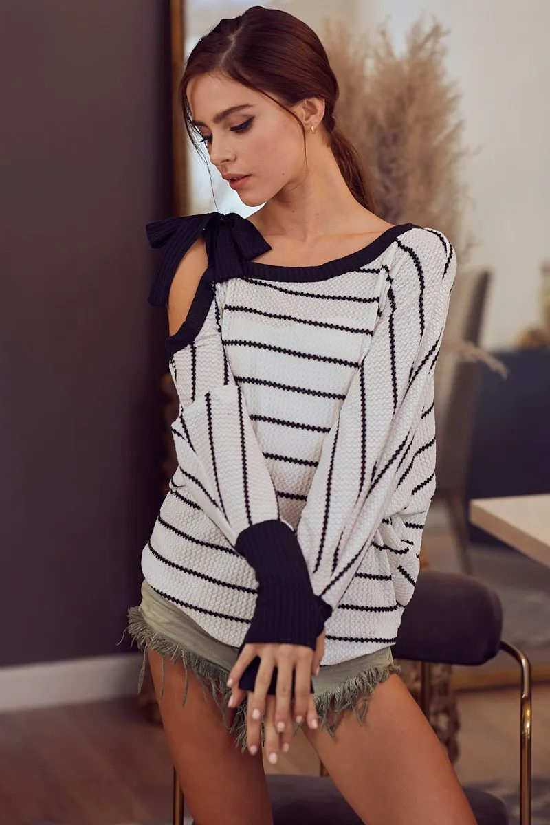 Stripe Yarn Dye Waffle One Shoulder Ribbon Detail Top, image 7