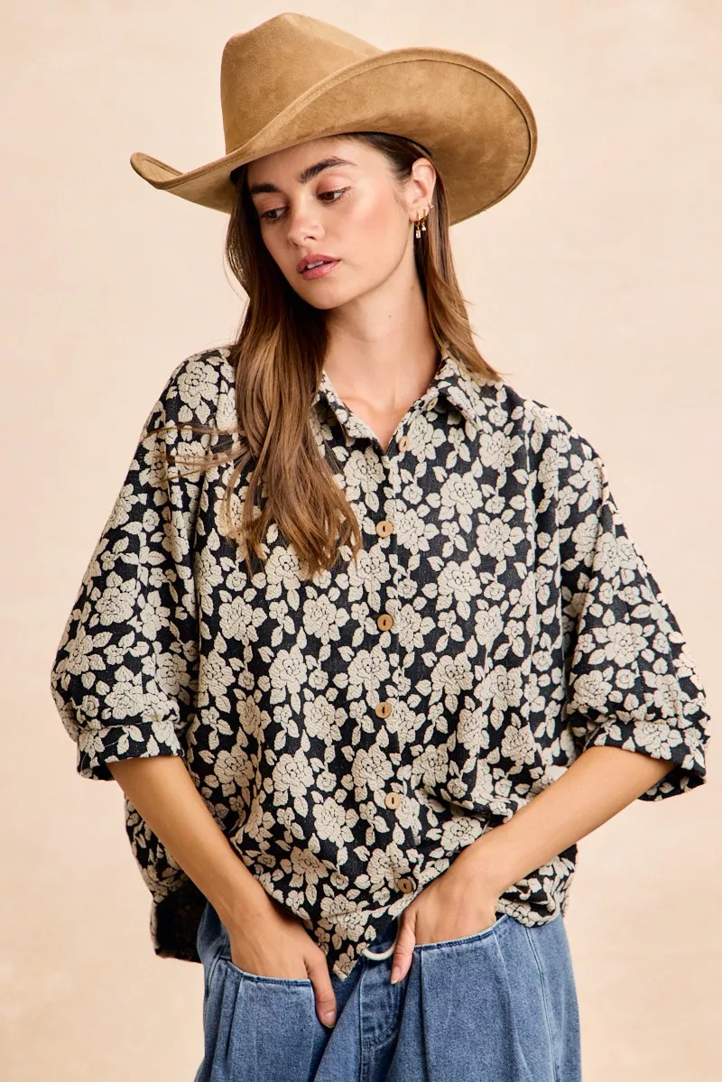 Floral Jacquard Short Dolman Sleeves Shirt, image 11