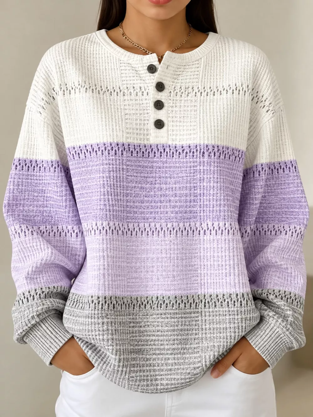 Full Size Color-Block Button Detail Sweatshirt Plus Size