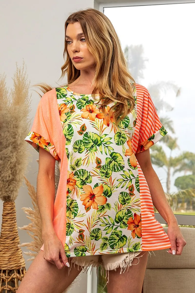 Floral W Stripe Color Block Dolman Sleeves Top
