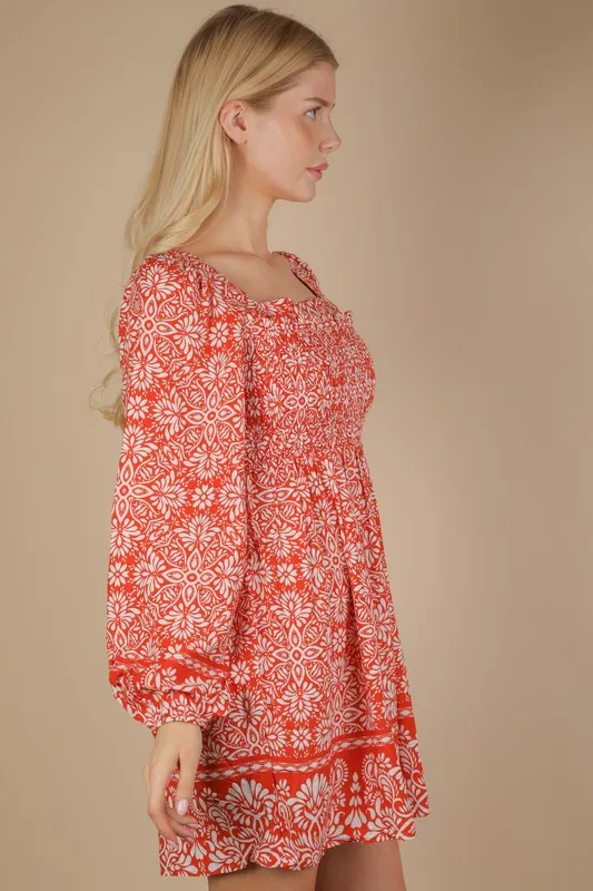 Printed Smocked Chest Boho Mini Dress, image 3
