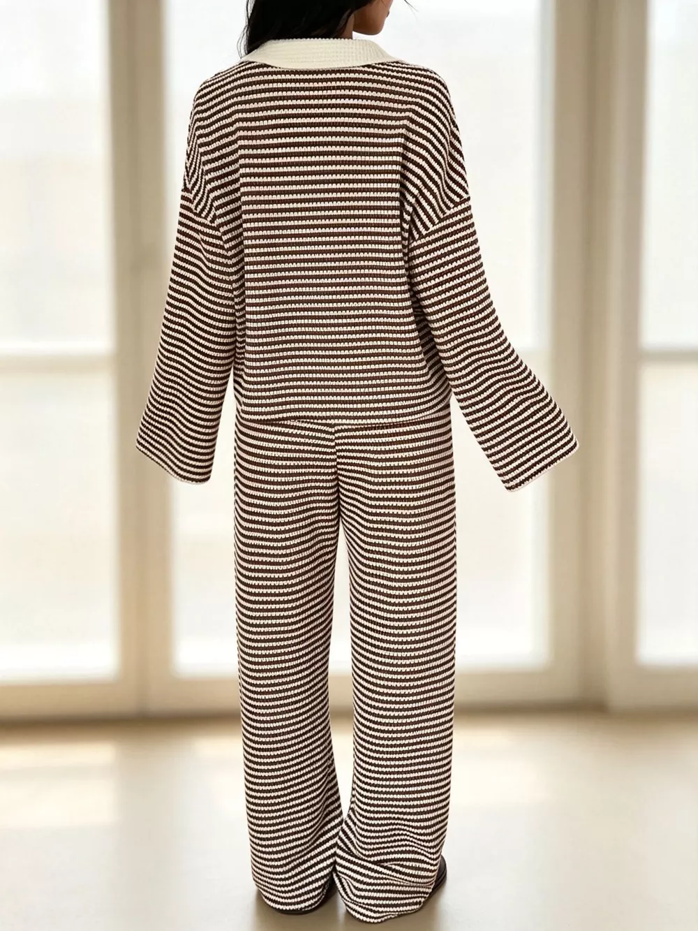 Striped Long Sleeve Polo and Wide-Leg Pants Set, image 21