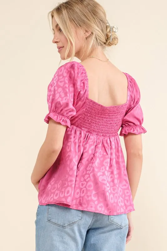 Satin Leopard V Wired Puff Sleeves Blouse, image 3