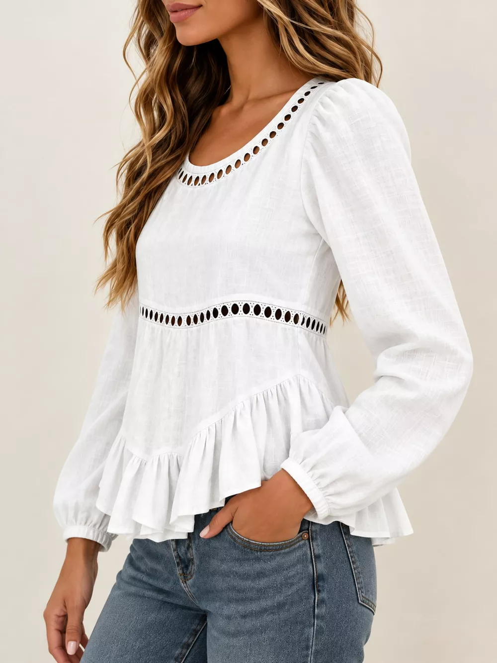 Long Sleeve Blouse with Eyelet Lace Trim and Ruffled Hem, image 10