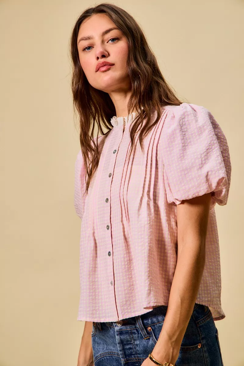 Gingham Lace Trim Button Bubble Sleeves Blouse, image 15