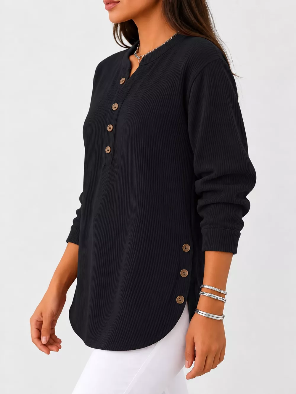 Full Size Button Detail Long Sleeve Top Plus Size, image 12